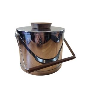 Vintage MCM Chrome Ice Bucket With Wood Accents- Atapco